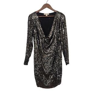 Michael Kors Sequin Long Sleeve MiniDress Black Silver Cowl Neck Sz L Glam Disco